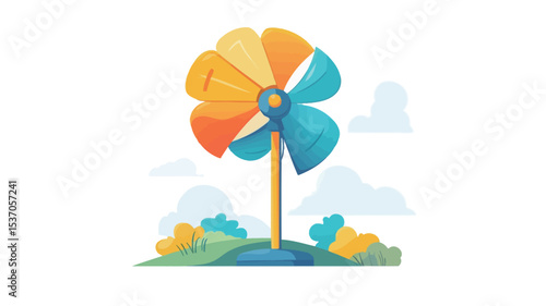 A digital illustration of a colorful pinwheel with orange, yellow, and blue petals, standing on a small green hill against a white background. The style is simple and cartoonish