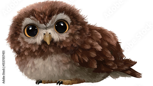 A close-up studio shot of a baby owl against a white background. The owl is predominantly brown with lighter undertones. Its feathers appear soft and fluffy. It has disproportionately large