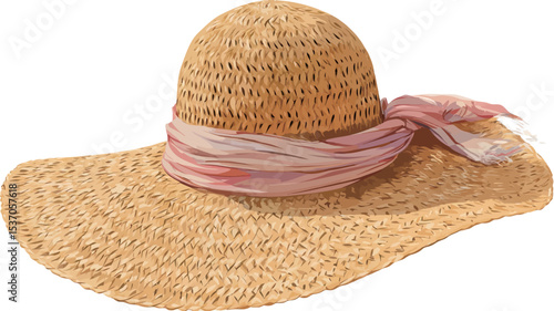Close-up studio shot of a light beige straw sun hat with a wide brim. The hat is woven with a visible texture. A light pink and white striped scarf is tied around the crown of the hat