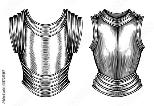 Vector Two vintage metal breastplates are displayed in a detailed engraving style.
