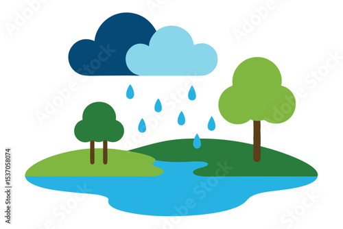 Flat Illustration Rainy Landscape with Trees, Water, and Clouds Depicting Weather