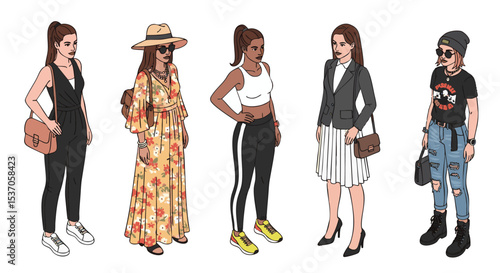 Stylish Women's Fashion Vector illustration Pack png Diverse Outfits, Trendy Accessories, and Bold Color Palettes