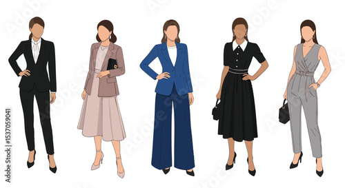Five Stylish Women's Professional Attire Vector illustration Pack png Suits, Dresses, Jumpsuits,  Modern & Elegant Office Fashion Illustrations