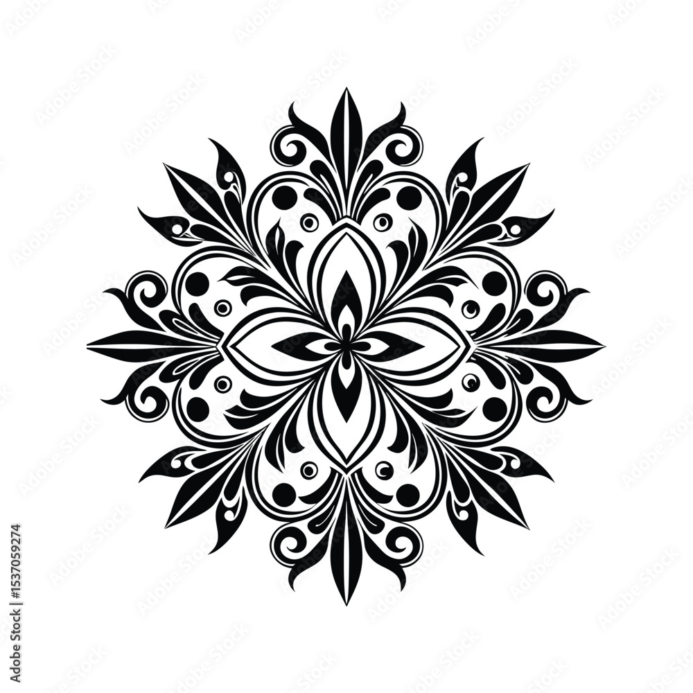 Fototapeta premium Black and White Abstract Floral Vector Design Round Petals Symmetrical Ornament Isolated White Background