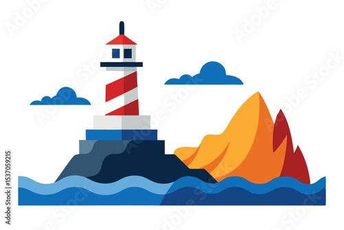 Lighthouse on Island with Sea, Mountain, and Clouds Illustration Design