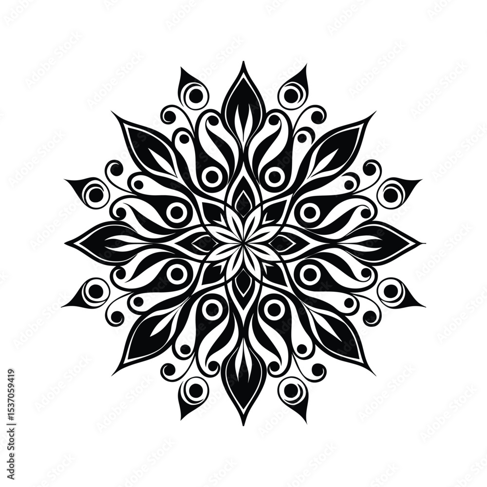 Fototapeta premium Black and White Circular Floral Mandala Vector Art Swirling Design Element Isolated White Background