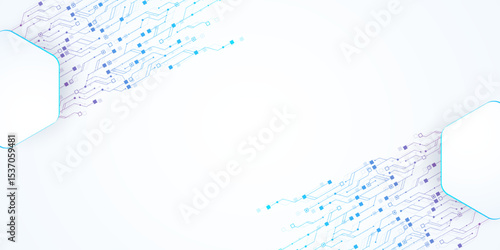 Artificial Intelligence or machine learning vector design. Quantum computer technology concept with circuit board and motherboard texture background design. Waves flow quantum explosion