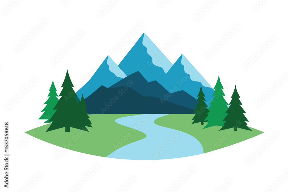 Fototapeta premium Mountain Landscape with Evergreen Trees and River Illustration of Scenic Nature