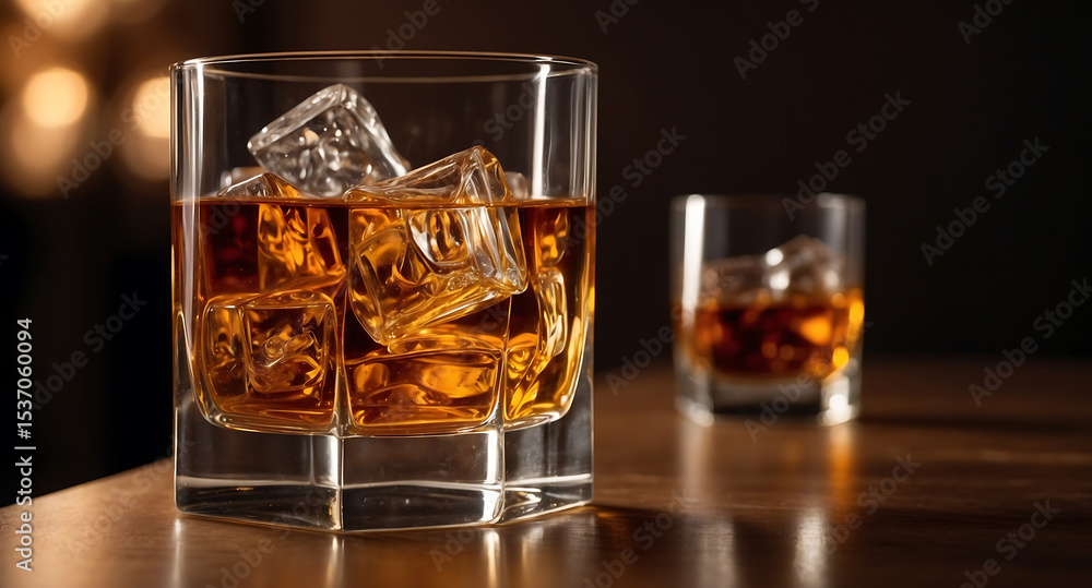 Elegant Whiskey Glass with Ice on Reflective Surface and Warm Background Elegant Whiskey Glass with Ice on Reflective Surface and Warm Background
