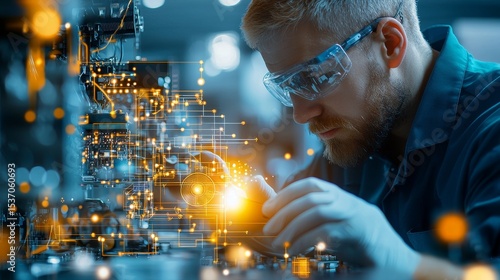 Innovative engineering process high-tech lab photograph industrial environment close-up view advanced technology concepts