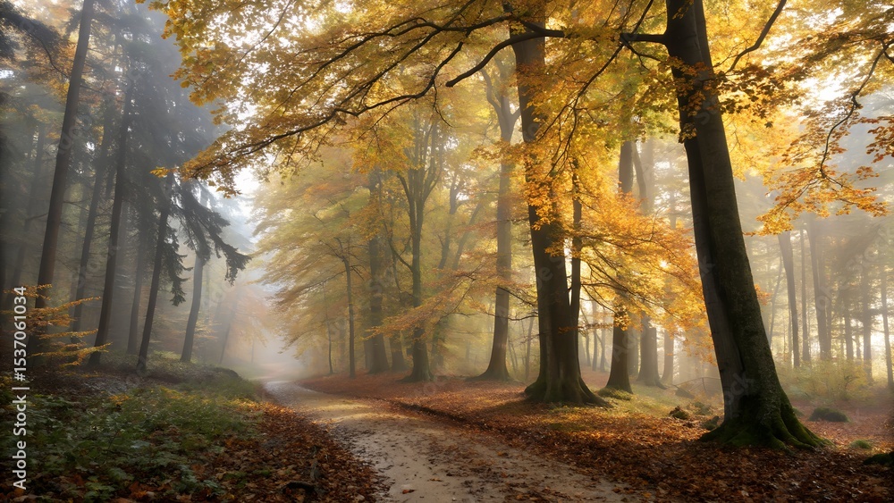 Obraz premium A Dense Forest In Early Autumn With Golden Leaves,