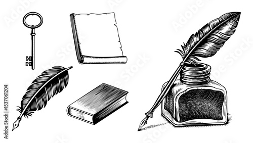 Vector Vintage writing implements including a quill inkwell scroll book and key are displayed as detailed illustrations.