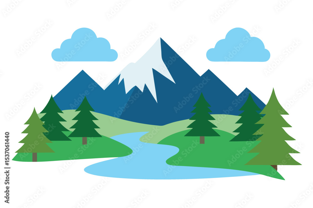 Fototapeta premium Stylized Mountain Landscape Pine Trees, River, Hills, Clouds, and Snowy Peaks Art