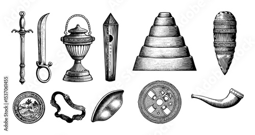 Vector Antique artifacts collection featuring weaponry vessels and symbolic objects in engraved style.