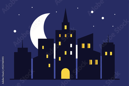 Stylized Night Cityscape Illustration with Crescent Moon and Stars against a Dark Blue Sky