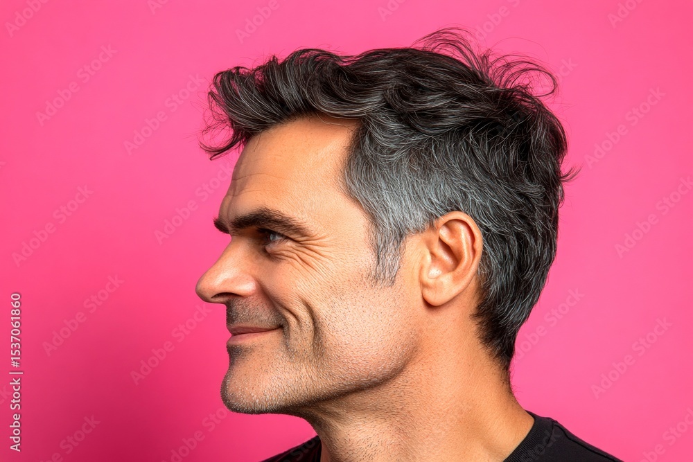 Fototapeta premium Pink solid background. Fashionable men's classic short back and sides haircut - midlife white man with black hair. A relaxed and poised man showing grace. Creative of style for aging men.