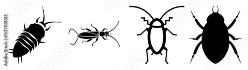 Vector Black silhouette illustrations of various insects including cockroaches and silverfish.