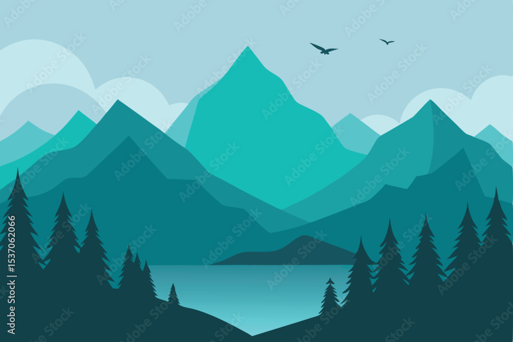 Fototapeta premium Teal Layered Mountain Landscape with Evergreen Trees, Lake, and Birds Silhouette