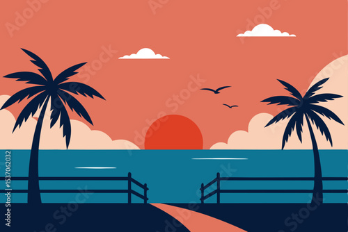 Sunset Over Tropical Beach with Palm Trees, Birds, Clouds, and Path to the Water