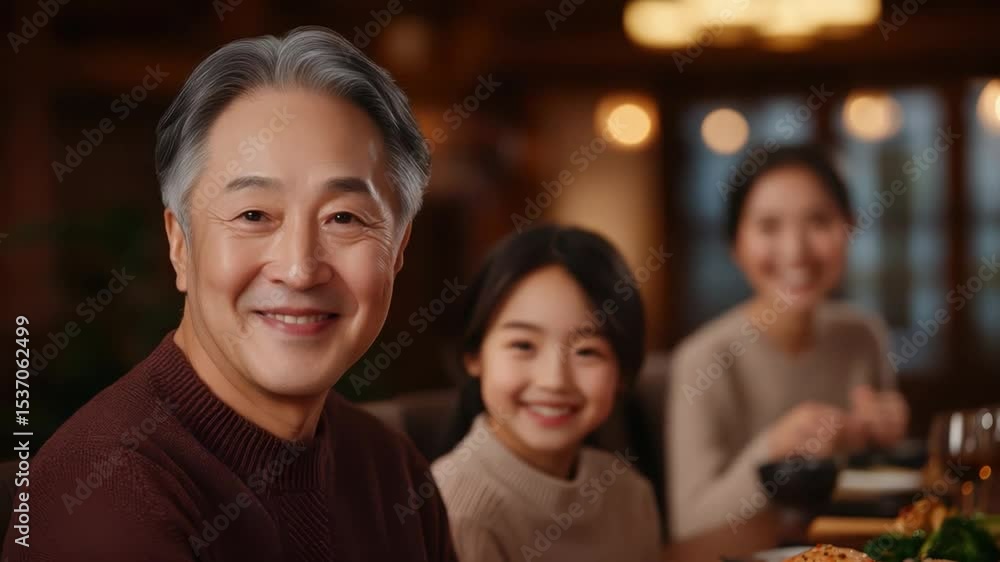 Warm Family Gathering with Smiling Grandfather and Children at Dinner Table in Cozy Restaurant Setting Warm Family Gathering with Smiling Grandfather and Children at Dinner Table in Cozy Restaurant Setting