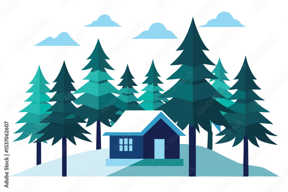 Fototapeta premium Winter Cabin with SnowCovered Roof Surrounded by Evergreen Trees and Clouds