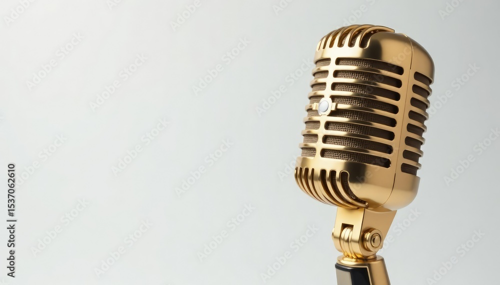 Fototapeta premium Close-up of a single gold microphone on white background, professional, isolated