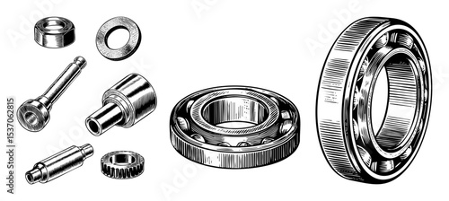 Vector Detailed of disassembled mechanical bearing components.