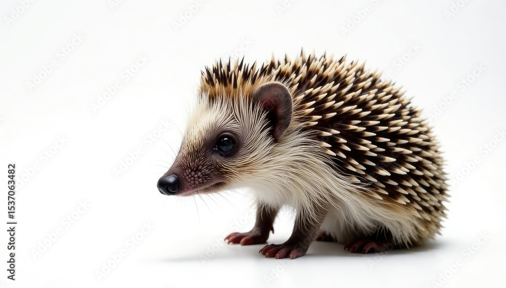 Fototapeta premium A lone hedgehog, perfectly centered against a stark white backdrop, macro, wild