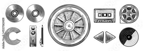 Vector Vintage audio collection featuring records tapes and film reels.