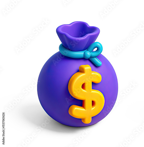A purple money bag with a yellow dollar sign on it, against a transparent background