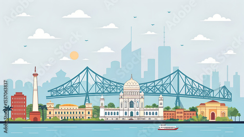 Kolkata skyline with Howrah bridge, flat vector generative ai