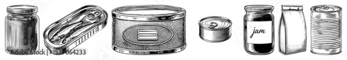 Vector Assorted food containers including cans a jar and a can opener are presented in a vintage engraving style.