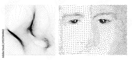 Vector Detailed portrait of a womans face constructed from black dots.