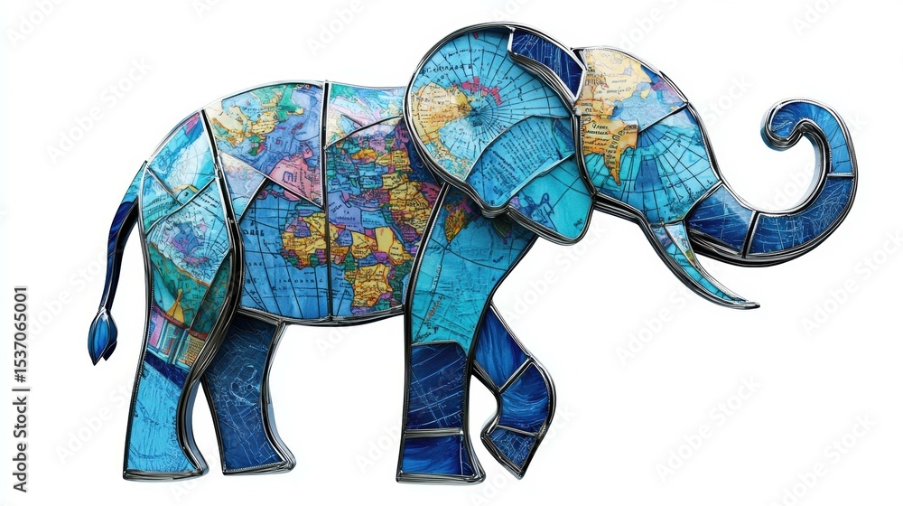 Obraz premium 3D Cartoon Elephant Holding Travel Maps with Metal Texture