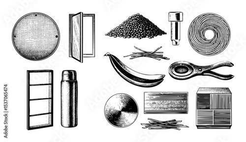 Vector Assorted industrial and household objects are arranged in a composition.