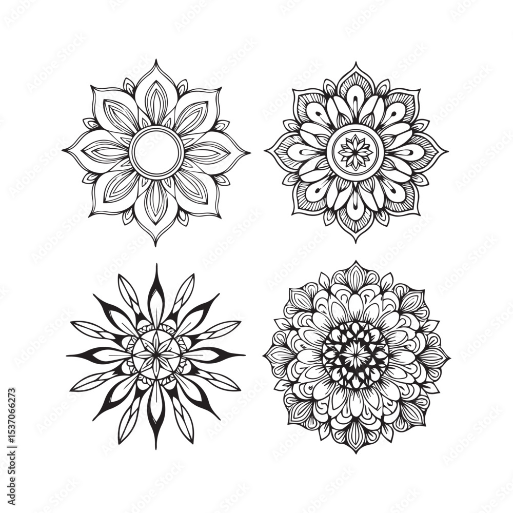 Four Unique Floral Mandala Designs in Black and White Silhouette Style silhouette collection four intricate Four Unique Floral Mandala Designs in Black and White Silhouette Style silhouette collection four intricate