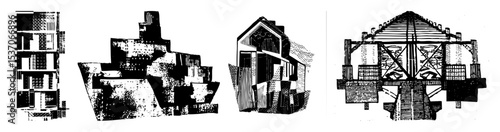 Vector Architectural cutaway illustrations depict detailed building interiors and exteriors.