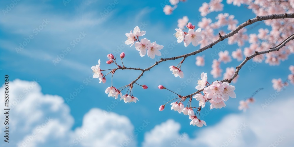 Cherry blossom branches bloom against a bright sky with clouds in spring Cherry blossom branches bloom against a bright sky with clouds in spring