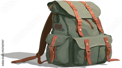 A digital illustration of an olive green canvas backpack with brown leather straps and accents. The backpack is depicted in a three-quarter view, showcasing its multiple pockets and flap closure.