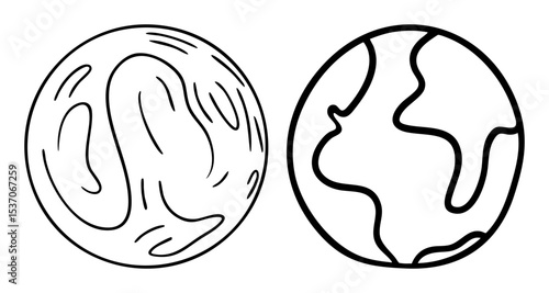 Vector Planetary globes featuring landmasses and swirling .