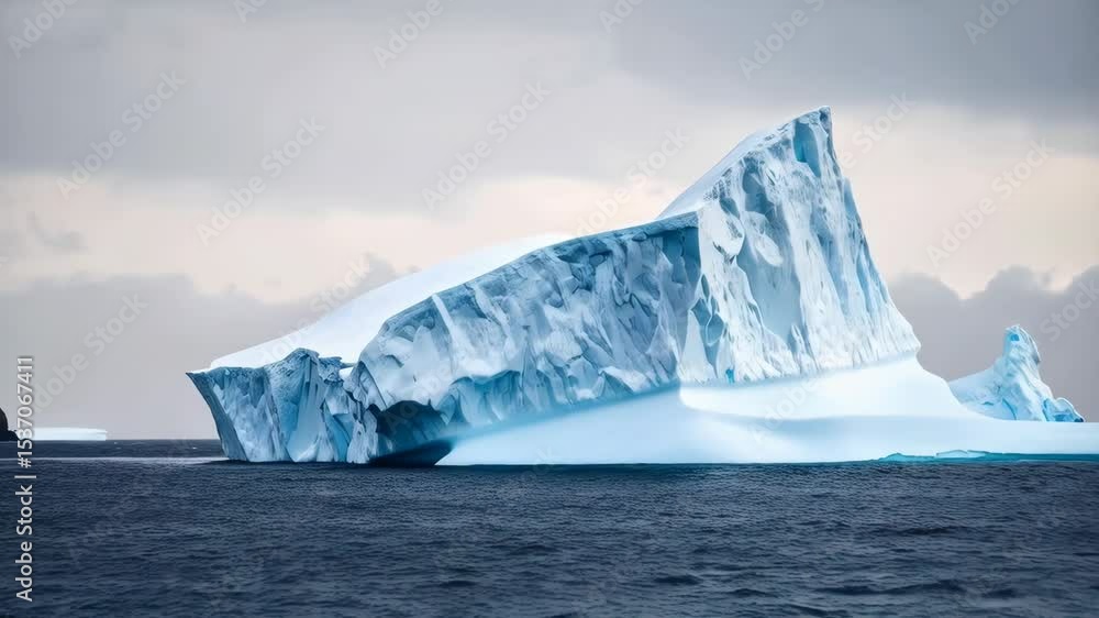 Magnificent blue iceberg formation with jagged edges floating in dark ocean waters under a cloudy arctic sky, landscape scenery, melting glacier Magnificent blue iceberg formation with jagged edges floating in dark ocean waters under a cloudy arctic sky, landscape scenery, melting glacier
