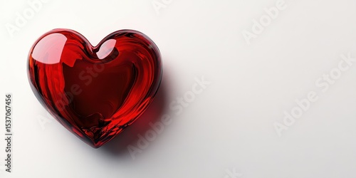 Bright red heart shape glass decoration reflecting light on a white background in a minimalist setting