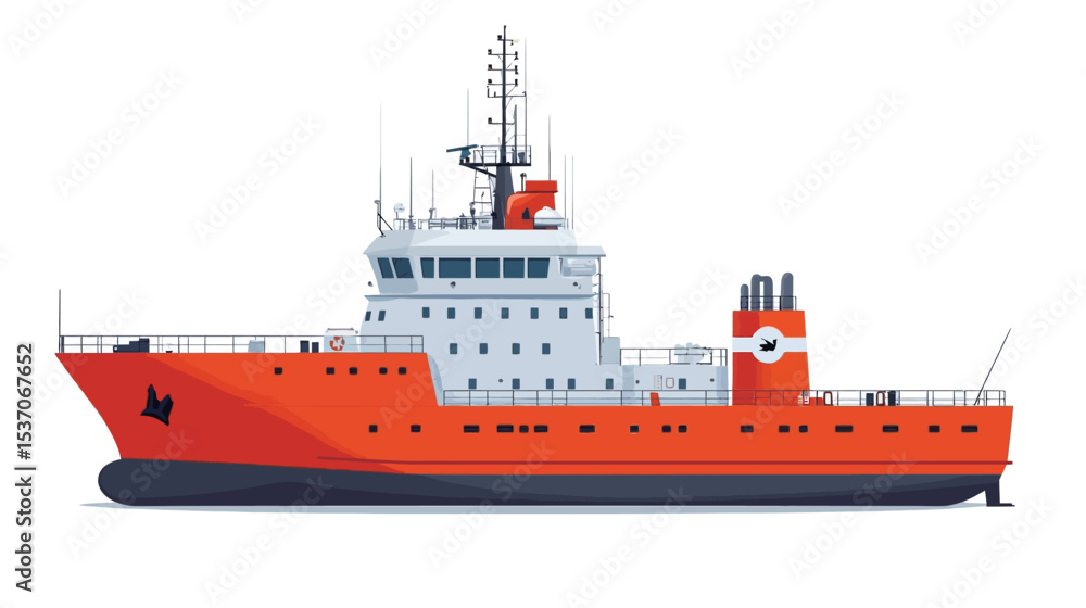 Obraz premium A digital illustration of a tugboat viewed from a side profile against a white background. The tugboat is primarily red with white superstructure and details. It features a prominent pilothouse,