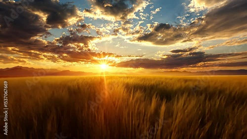 Golden hour farm or wild grass field during sunset with light piercing through clouds, flying over natural landscape speed up drone video footage.