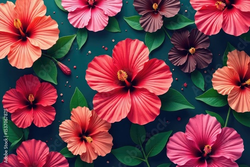 Bold, vibrant hibiscus blooms in a lively, tropical repeat , colorful, fabric