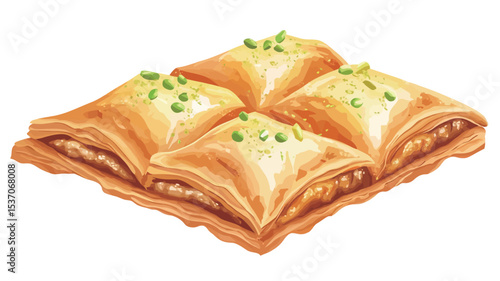 A digital painting illustration of a square portion of baklava.  The baklava is depicted with four distinct sections, showing layers of phyllo dough, a golden-brown color, and a sprinkling of what