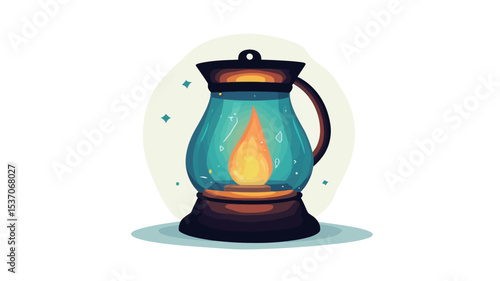 A digital illustration of a lantern. The lantern is teal/blue in color with a dark brown/black base and handle.  It features a stylized flame inside, emitting a warm glow.  The background is white