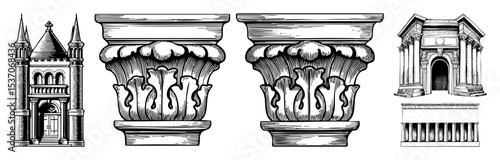 Vector Architectural elements including a tower ornate vases and a classical pavilion are presented as detailed engravings.