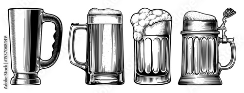 Vector Four vintage-style beer mugs are displayed in a row.