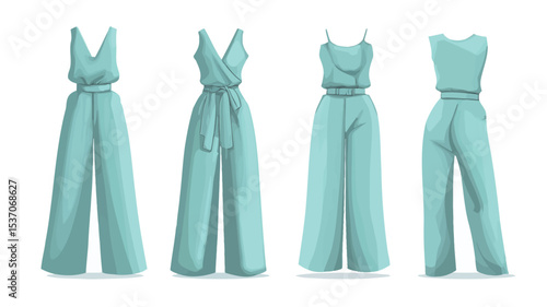 Digital illustration depicting four variations of a light teal wide-leg jumpsuit.  Each jumpsuit is shown from a front and back view. The illustrations are rendered in a style that mimics